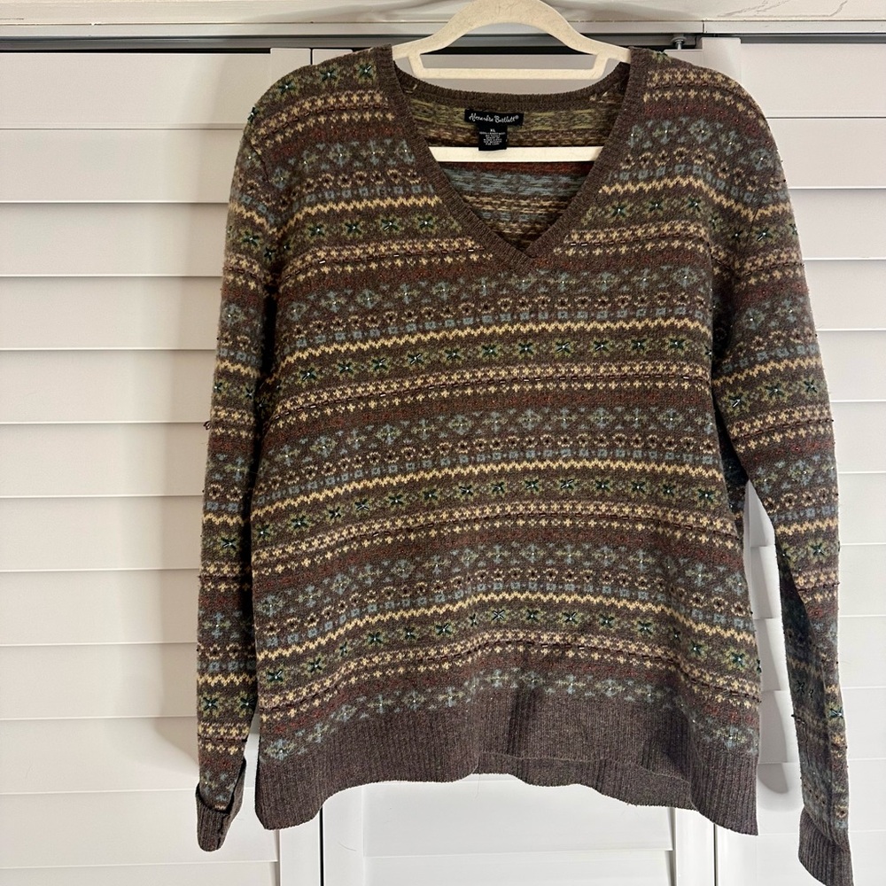 100% Wool Brown Beaded V-Neck Sweater